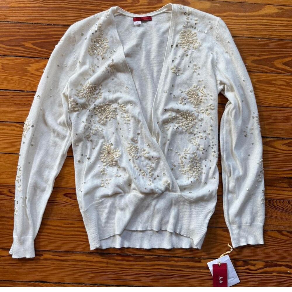 NWT Silk Angora Blend Embellished V-Neck Sweater – Ivory Beaded Floral Size M